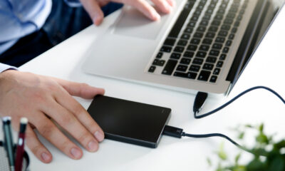 External backup disk hard drive connected to a macbook