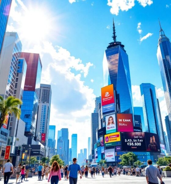 City skyline with bright buildings and sunny atmosphere.