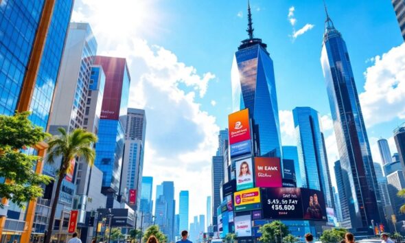 City skyline with bright buildings and sunny atmosphere.