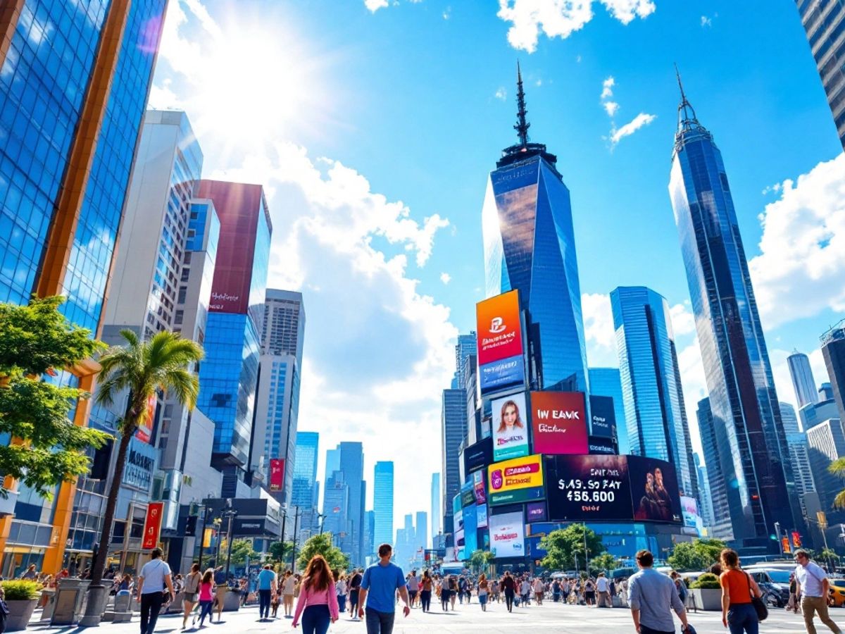 City skyline with bright buildings and sunny atmosphere.