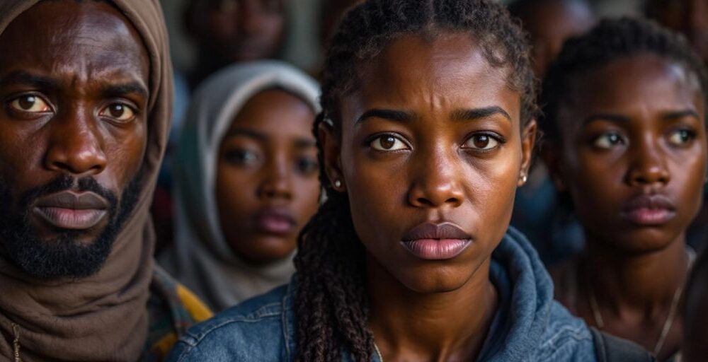 African asylum seekers in a shelter, looking worried.