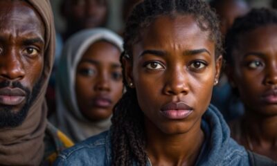 African asylum seekers in a shelter, looking worried.