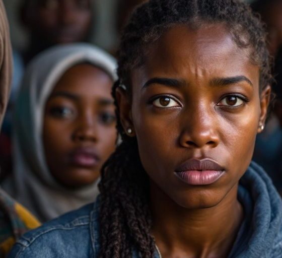 African asylum seekers in a shelter, looking worried.