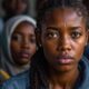 African asylum seekers in a shelter, looking worried.