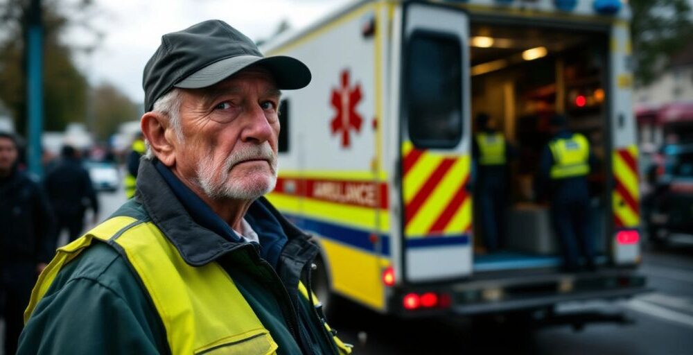 Retired ambulance worker beside his vehicle, looking distressed.