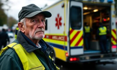 Retired ambulance worker beside his vehicle, looking distressed.