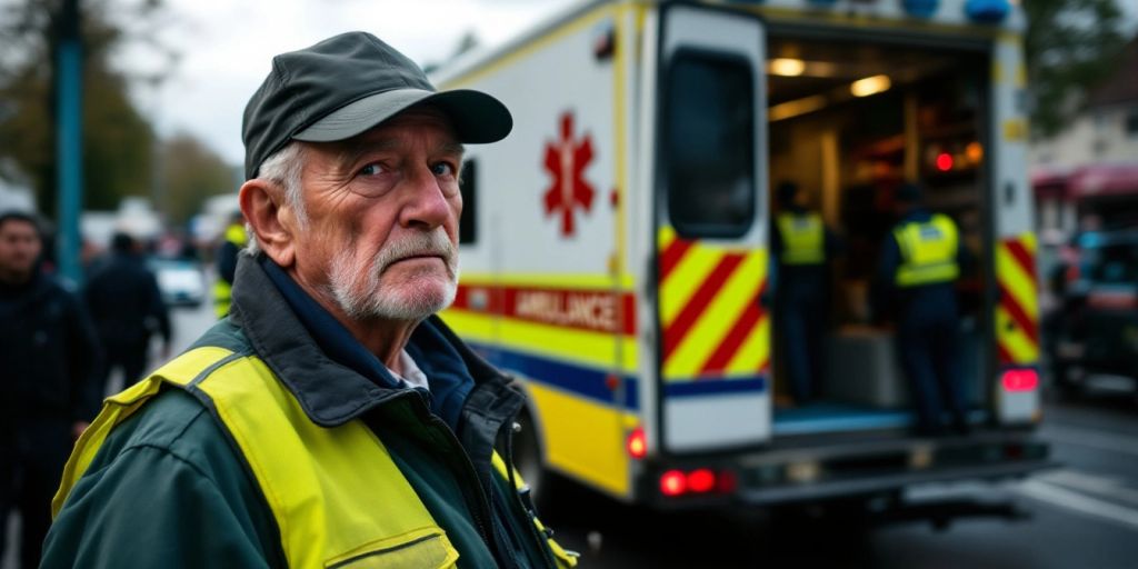 Retired ambulance worker beside his vehicle, looking distressed.