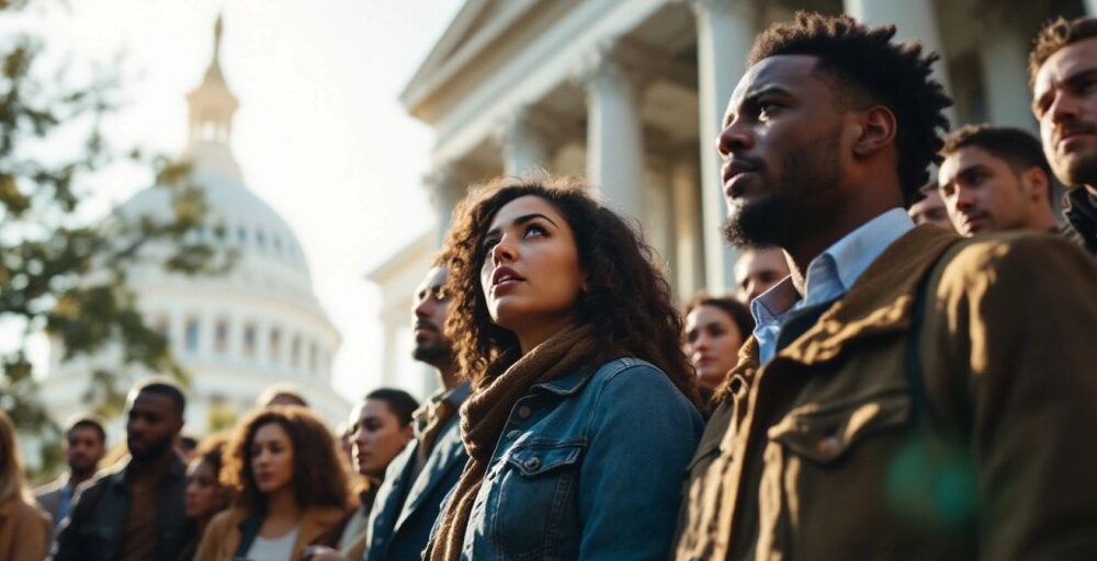 Diverse individuals discussing immigration near a government building.