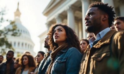 Diverse individuals discussing immigration near a government building.