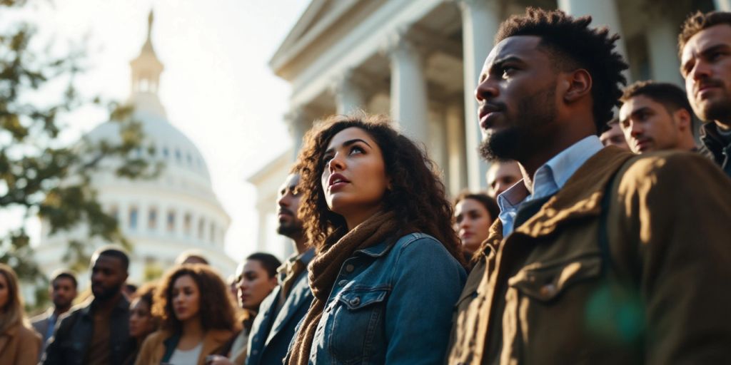 Diverse individuals discussing immigration near a government building.