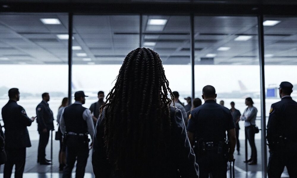 Airport scene with security and concerned citizens expressing disappointment.