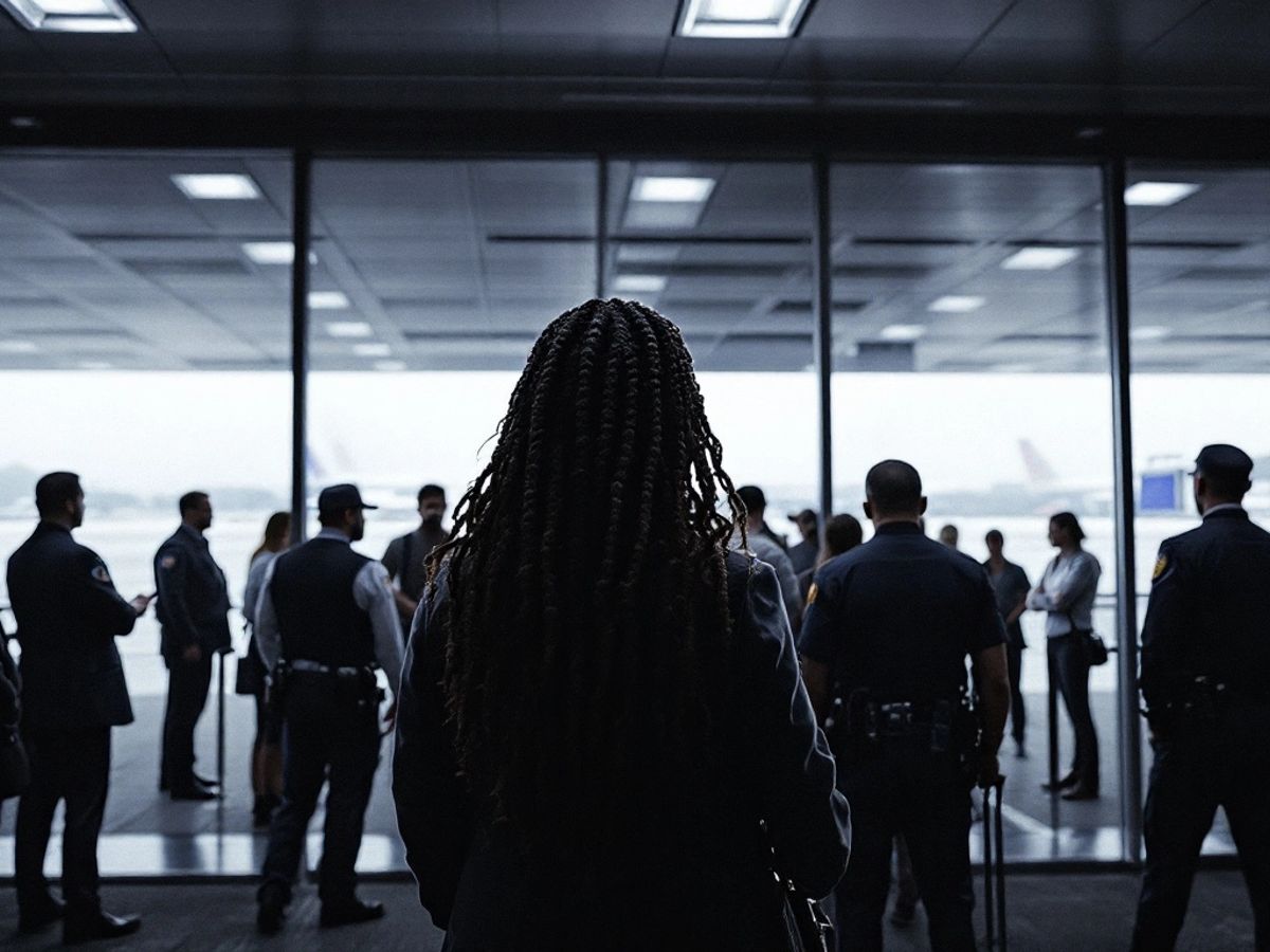 Airport scene with security and concerned citizens expressing disappointment.