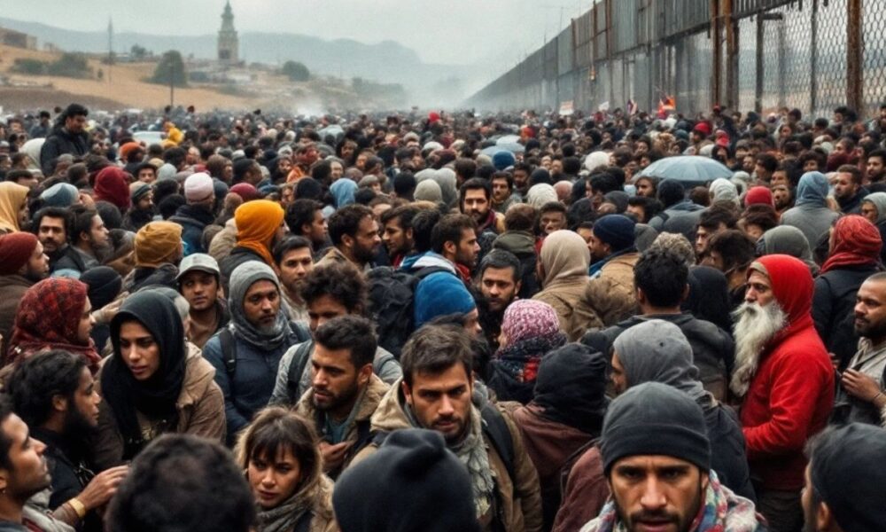 Crowded border scene with diverse individuals and landscapes.