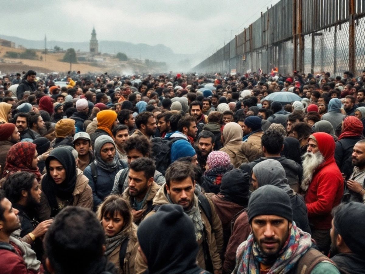 Crowded border scene with diverse individuals and landscapes.