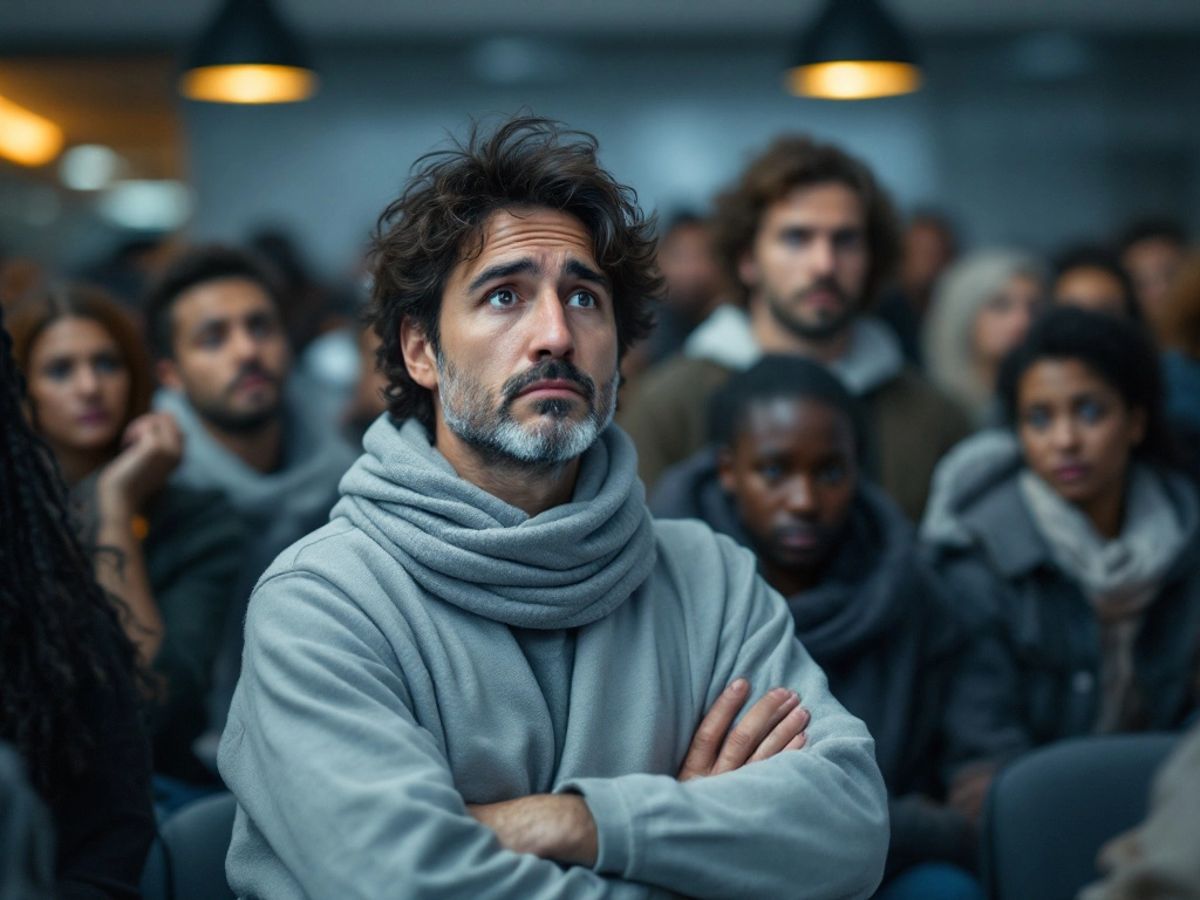 Diverse people waiting anxiously at an immigration office.