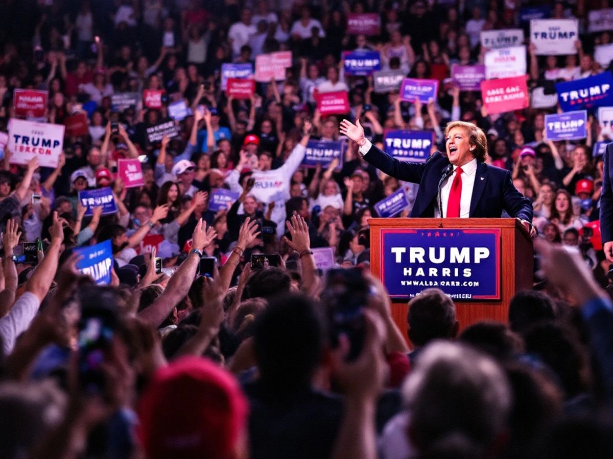 Harris and Trump at a vibrant campaign rally.