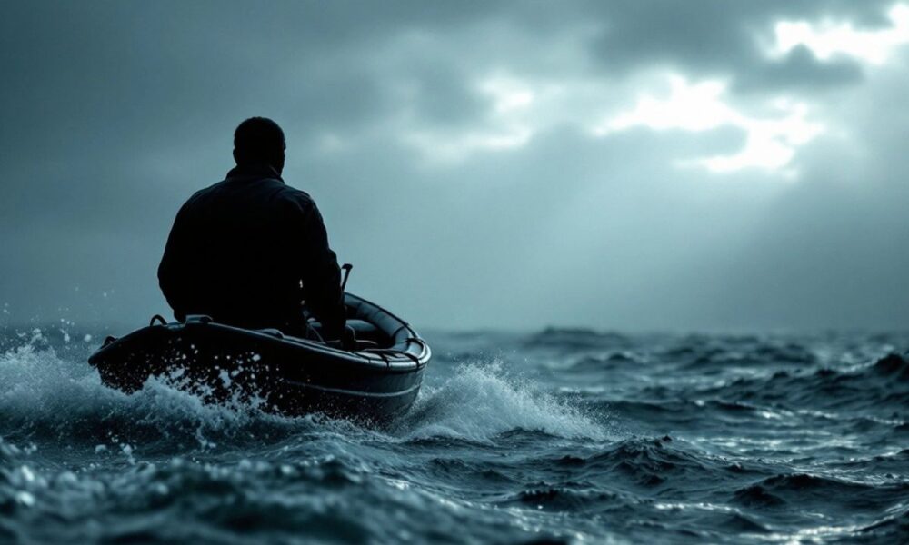 A figure in a boat on rough waters.