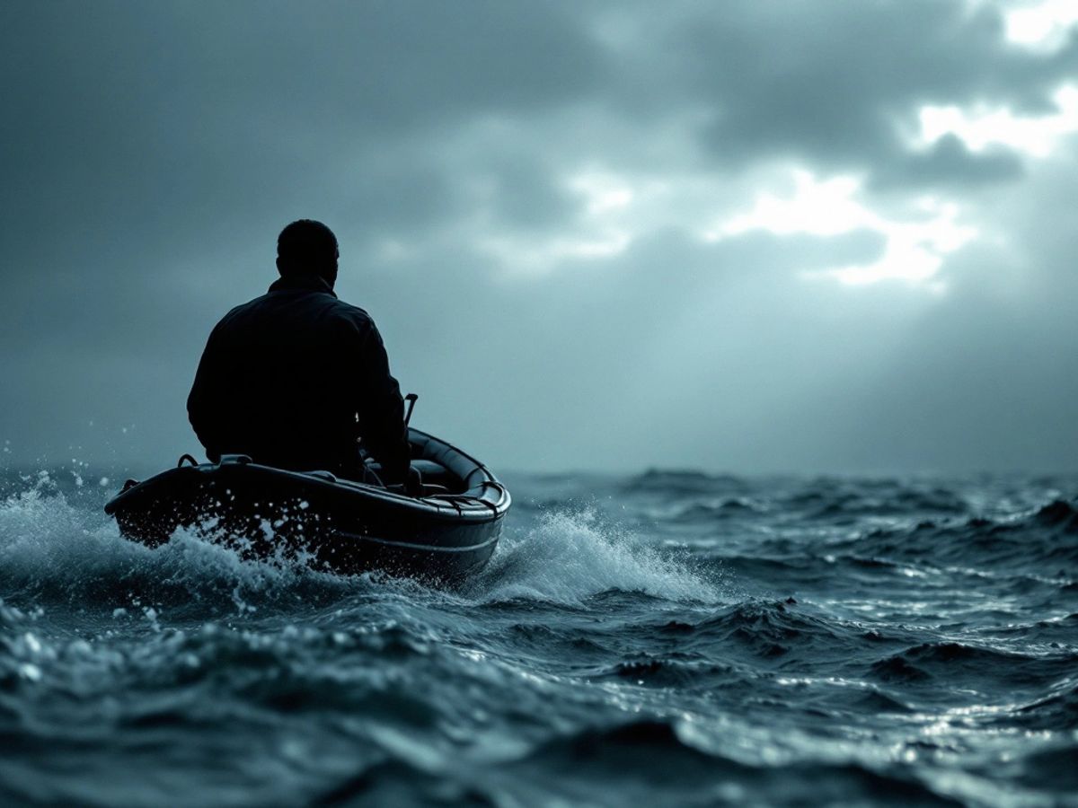 A figure in a boat on rough waters.