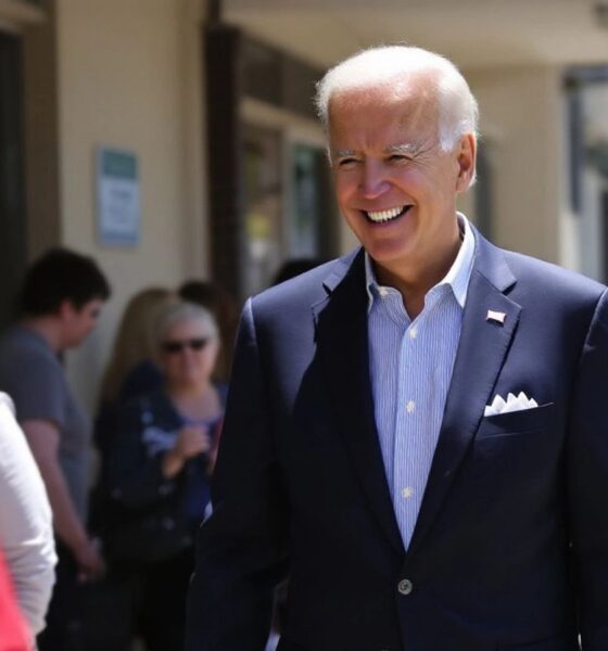 Biden in line at polling station, smiling while voting.