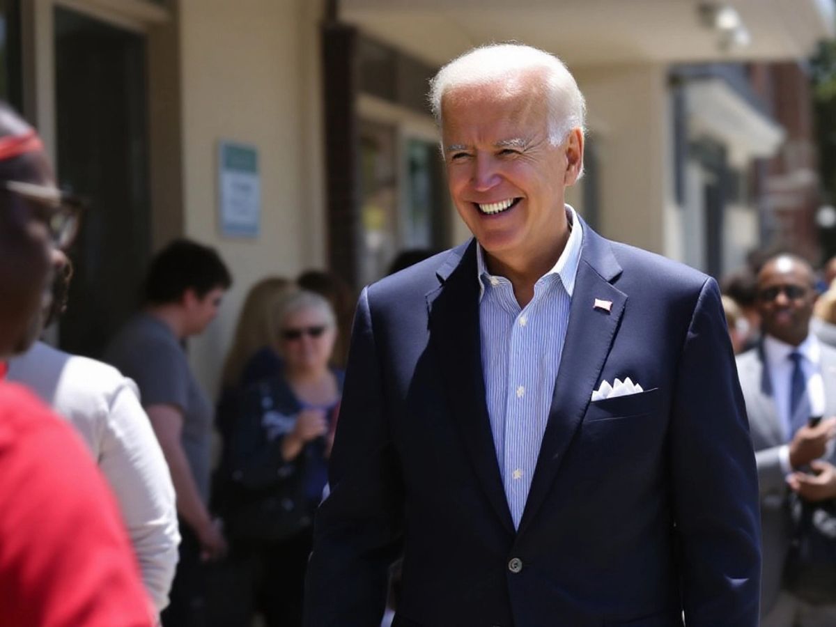 Biden in line at polling station, smiling while voting.