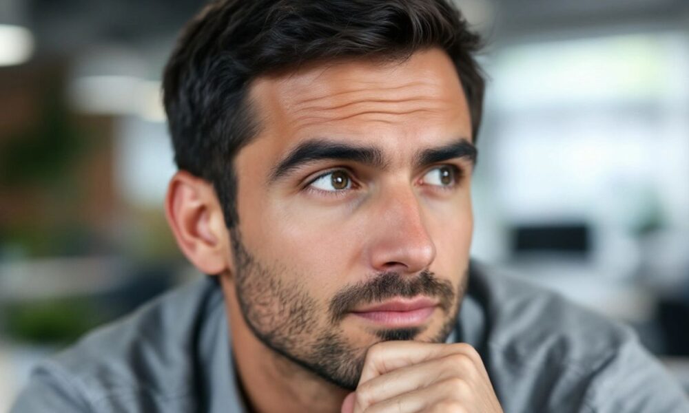 Man with thoughtful expression in modern office setting.