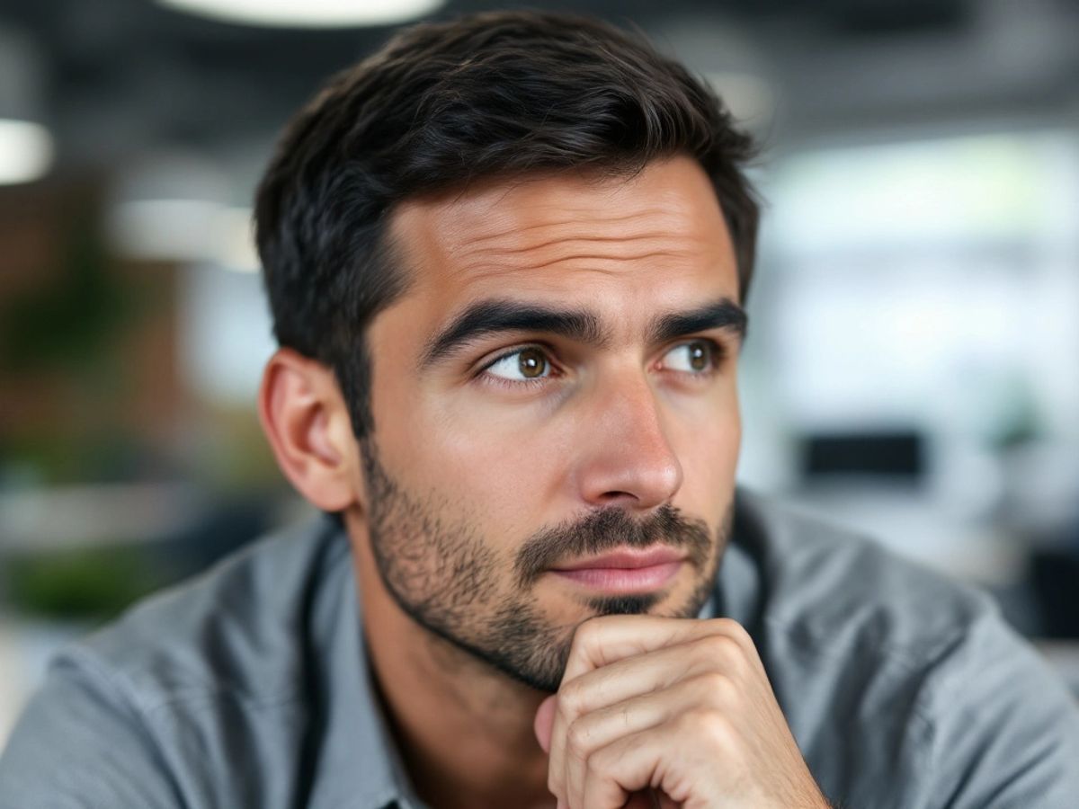 Man with thoughtful expression in modern office setting.