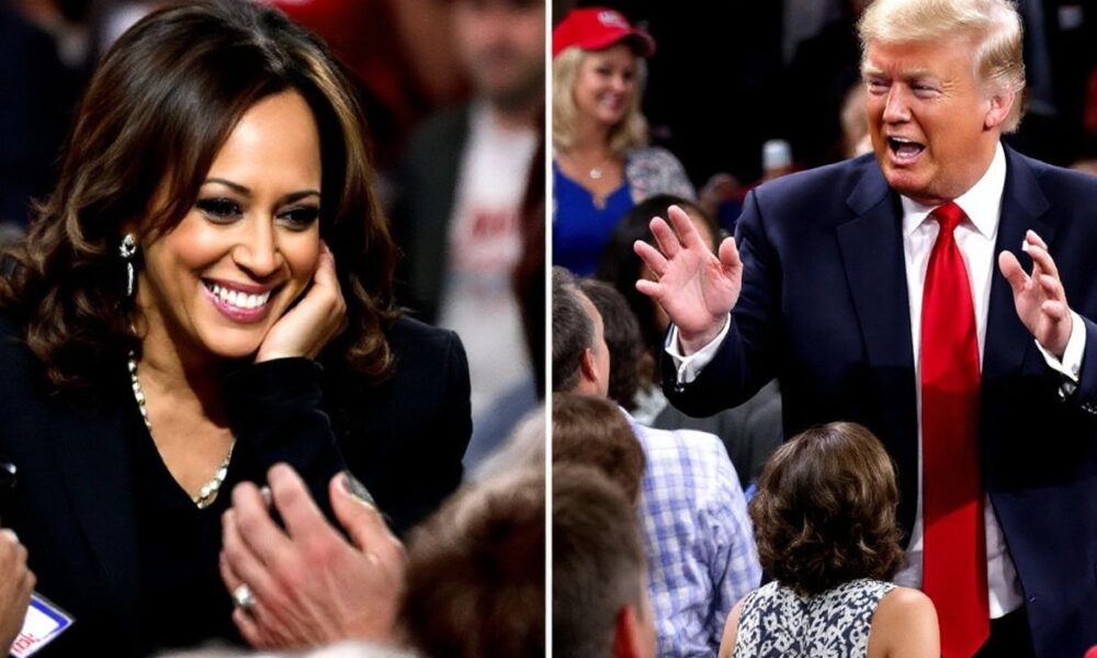 Harris and Trump at town hall events with crowds.