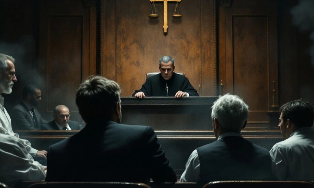 Courtroom scene with a judge and the accused.