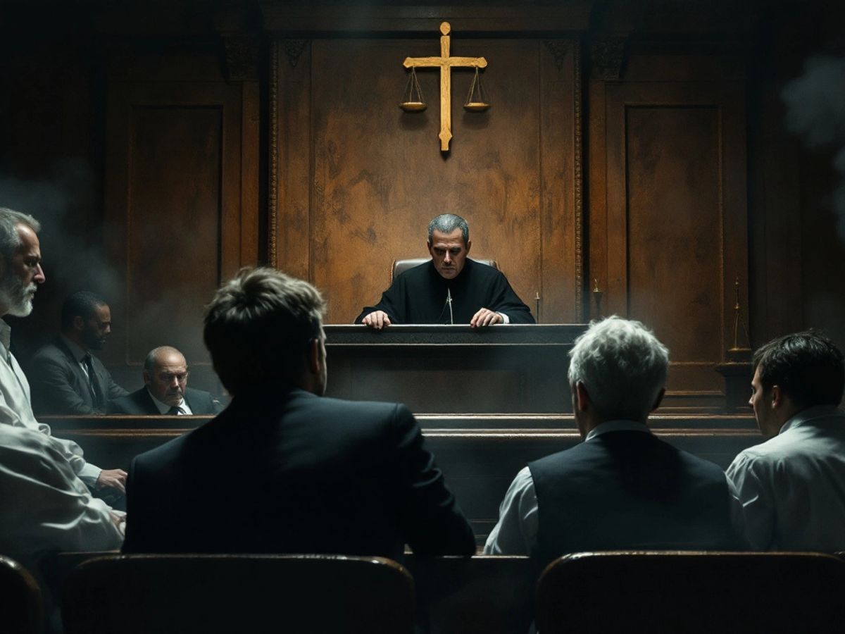 Courtroom scene with a judge and the accused.