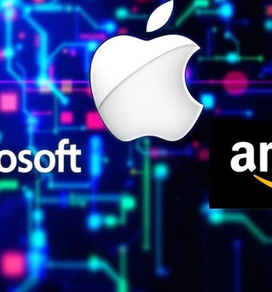 Logos of tech giants: Alphabet, Meta, Apple, Microsoft, Amazon.