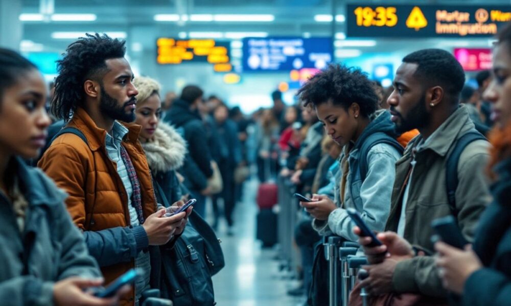 Diverse travelers at an airport showing concern and uncertainty.