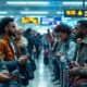 Diverse travelers at an airport showing concern and uncertainty.