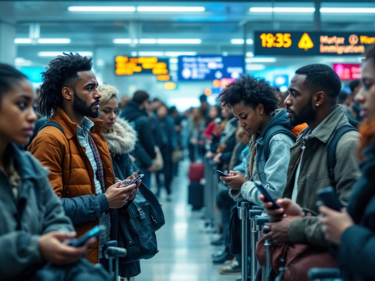 Diverse travelers at an airport showing concern and uncertainty.