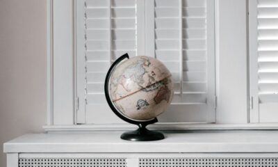 beige desk globe on white desk