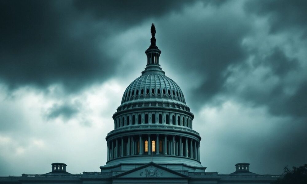 U.S. Capitol under stormy sky, conveying tension and uncertainty.