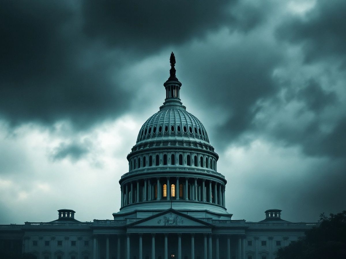 U.S. Capitol under stormy sky, conveying tension and uncertainty.