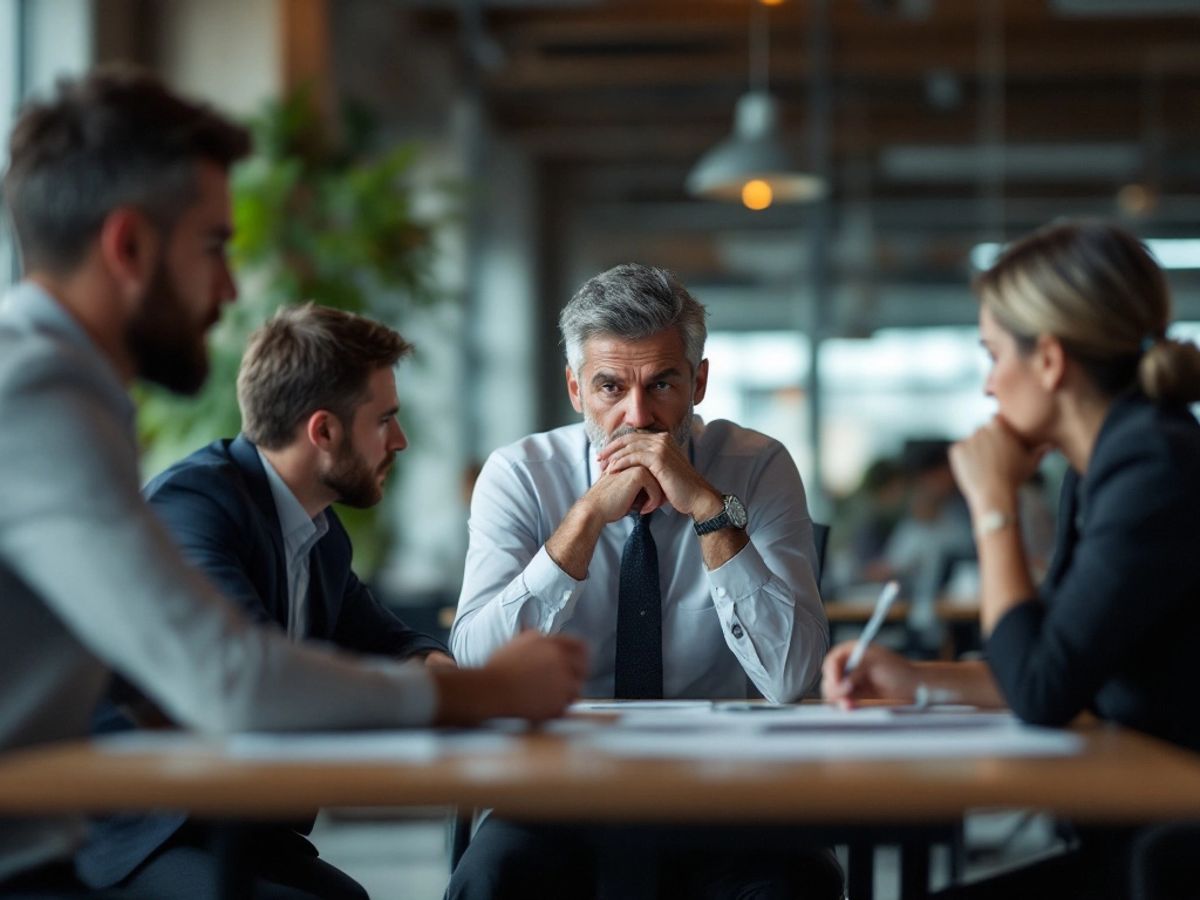 Executives in a tense meeting discussing financial strategies.