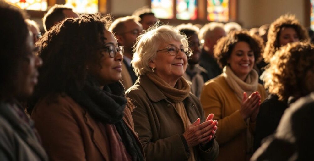 Diverse parishioners praying inside a Wisconsin church.