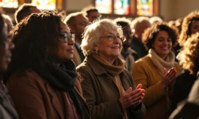 Diverse parishioners praying inside a Wisconsin church.