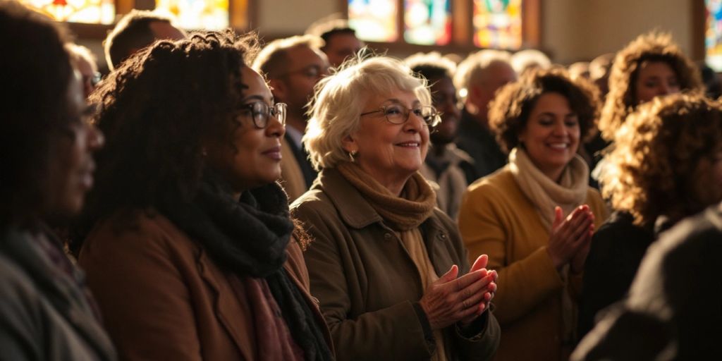 Diverse parishioners praying inside a Wisconsin church.