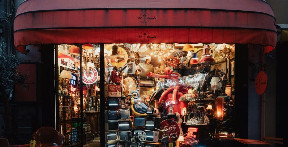 a store front with many items on display