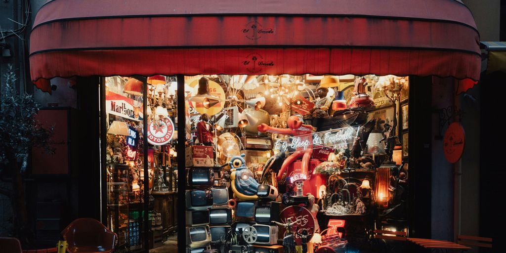 a store front with many items on display