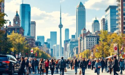 Diverse people in a busy Canadian cityscape.