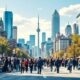 Diverse people in a busy Canadian cityscape.