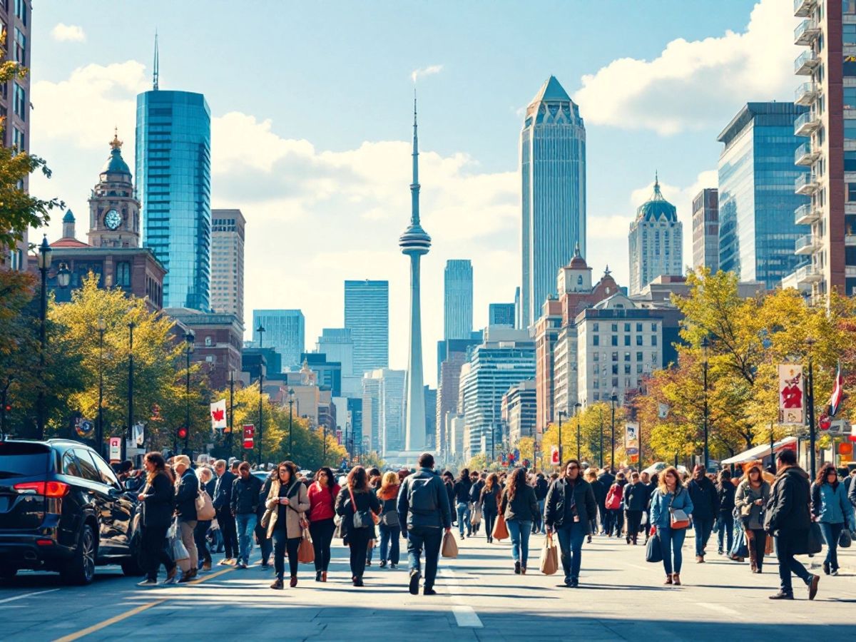 Diverse people in a busy Canadian cityscape.