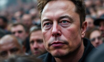 Elon Musk at a rally with a serious expression.