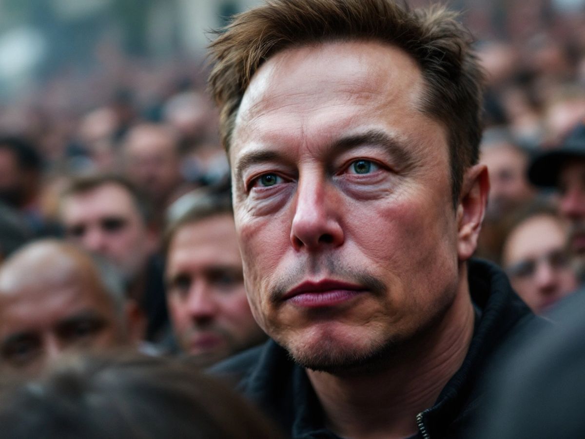 Elon Musk at a rally with a serious expression.