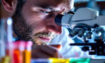 Scientist examining DNA strand in a laboratory setting.