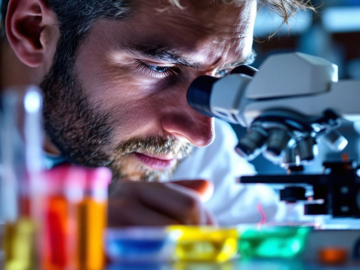 Scientist examining DNA strand in a laboratory setting.