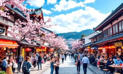 Traditional Japanese street with cherry blossoms and locals.